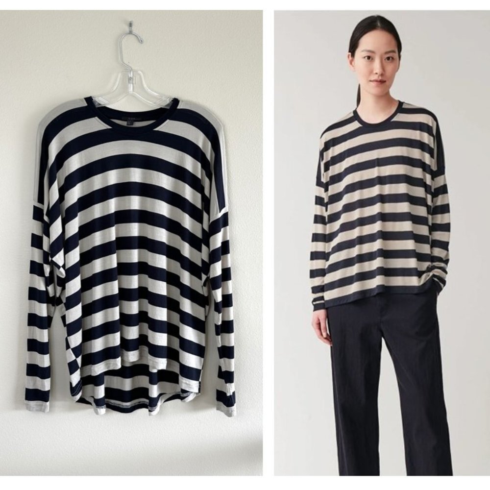COS Oversized Navy and Tan Striped Pullover Top